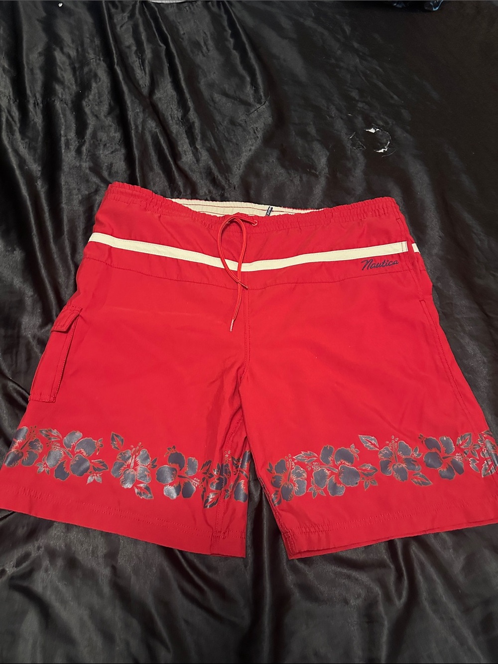 Nautica Red Swim Shorts with White Waistband and Floral Hem